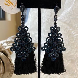 Black Fringe Tassel Earrings with Rhinestones